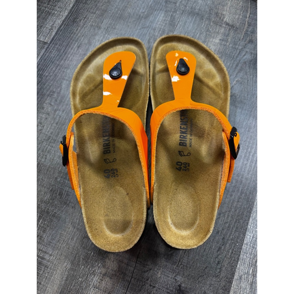 Birkenstock Gizeh Neon Orange Patent Thong Sandals Womens 40 L9 M7 Germany - Picture 4 of 4